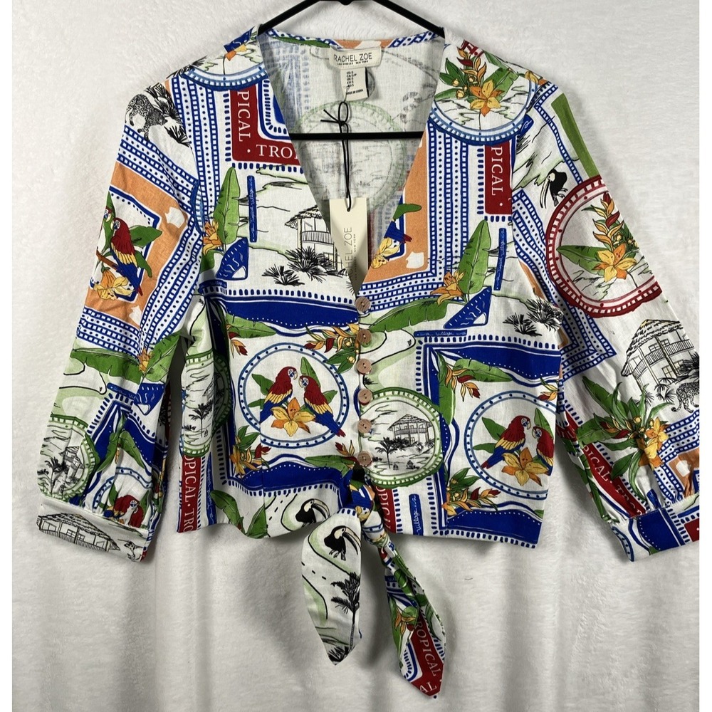 Rachel Zoe Linen Blend Tropical Bird Tie Front Top Small Resort Travel Vacay NWT